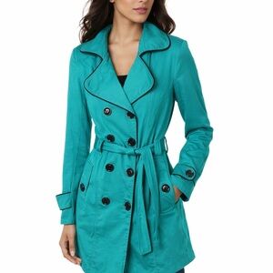 Italian Trench Coat Belted Double Breasted Teal Medium Cotton